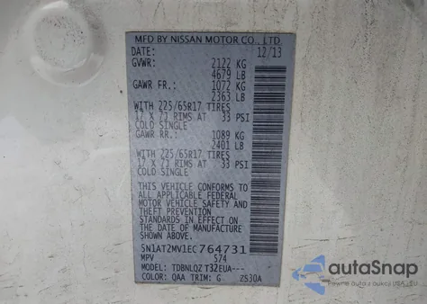 2014 Nissan Rogue Sv z USA, uszkodzony, nr VIN 5N1AT2MV1EC764731